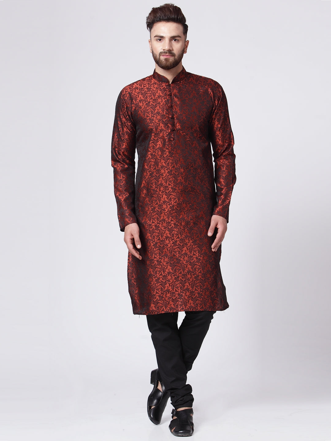 Men Maroon & Black Self Design Kurta with Churidar (JOK 517 Maroon )