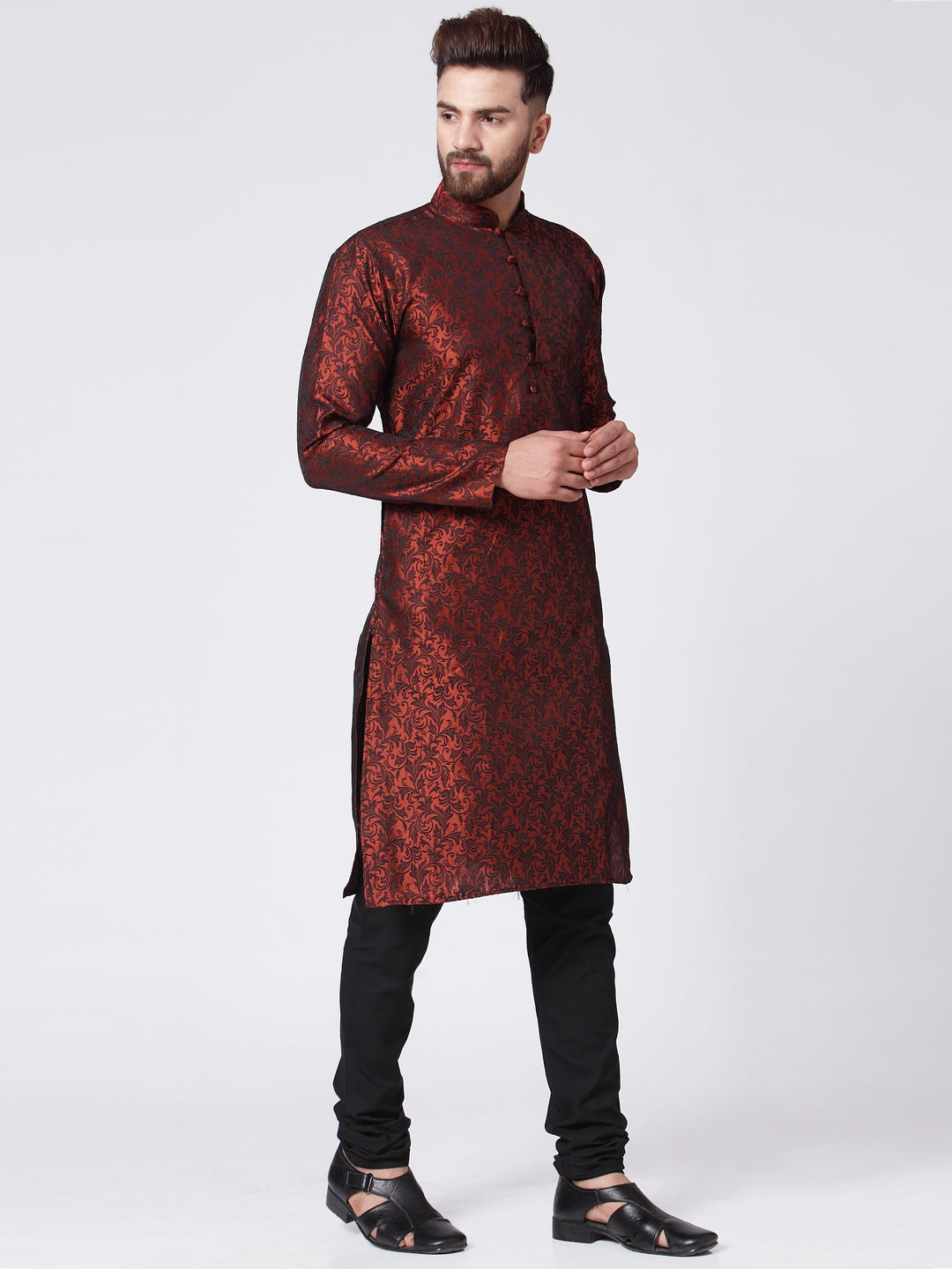 Men Maroon & Black Self Design Kurta with Churidar (JOK 517 Maroon )