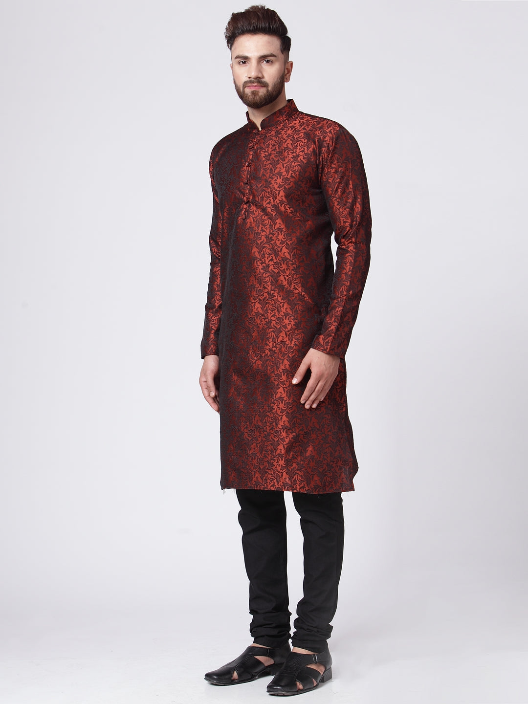 Men Maroon & Black Self Design Kurta with Churidar (JOK 517 Maroon )