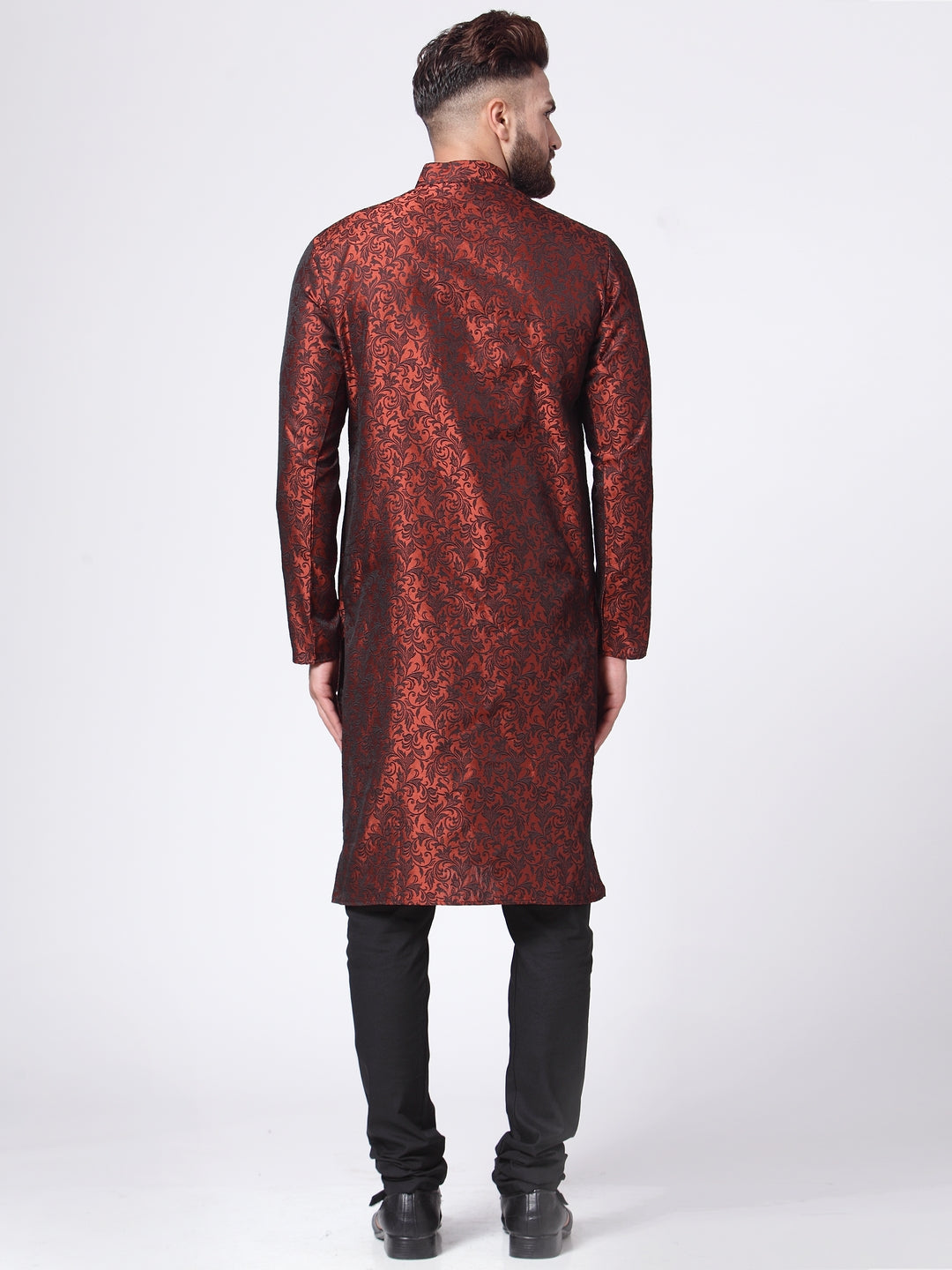 Men Maroon & Black Self Design Kurta with Churidar (JOK 517 Maroon )