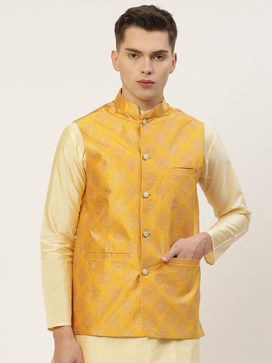Jompers Men's Mustard Printed Nehru Jacket ( JOWC 4032Mustard )