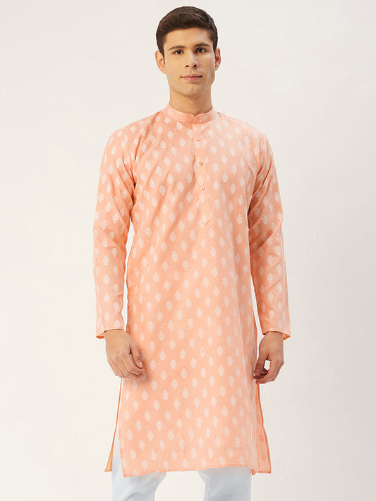 Jompers Men's Peach Cotton Floral printed kurta Only ( KO 650Peach )