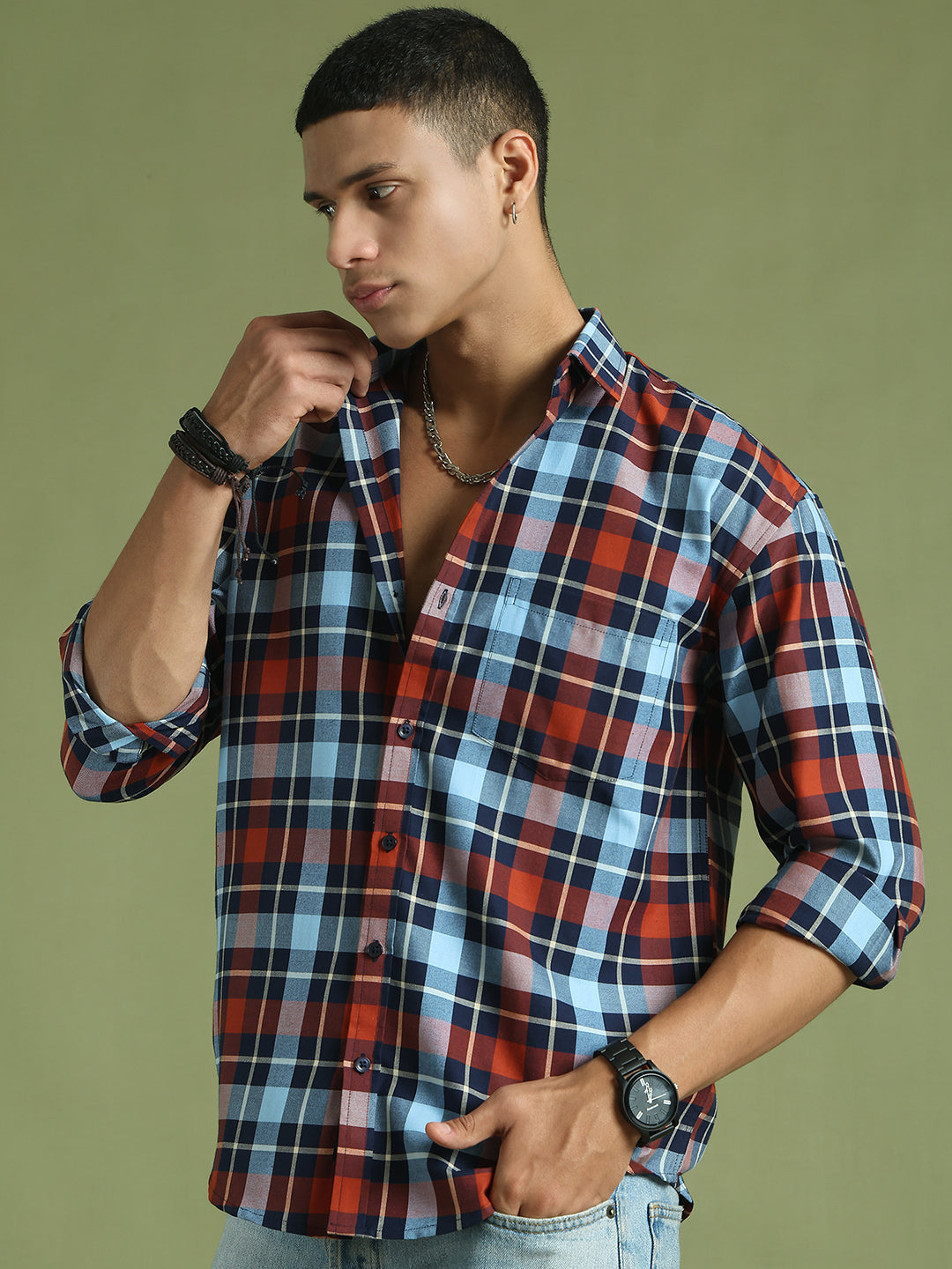Men's Checks Cotton Casual Shirt ( RDSH 001Blue )
