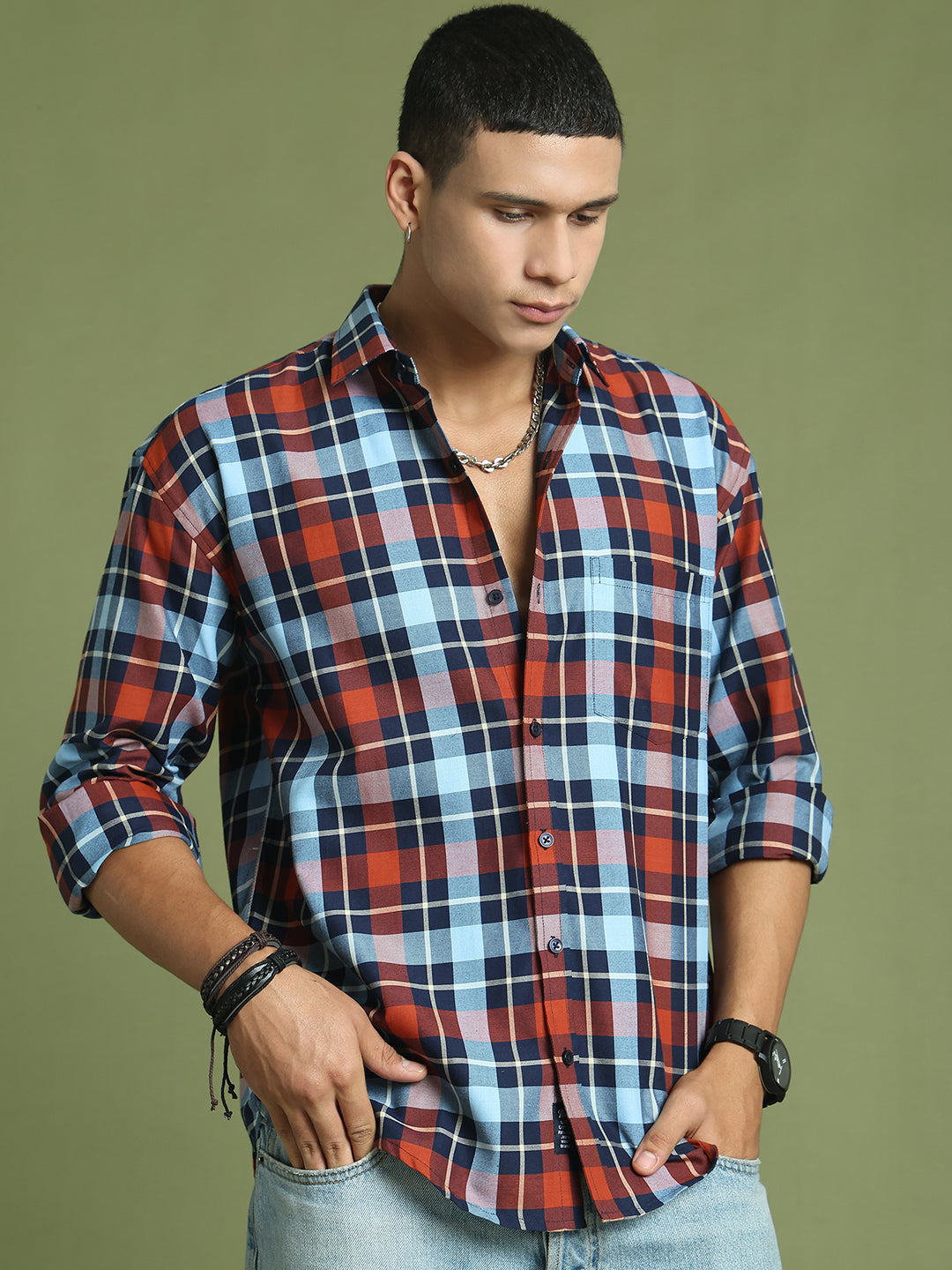 Men's Checks Cotton Casual Shirt ( RDSH 001Blue )