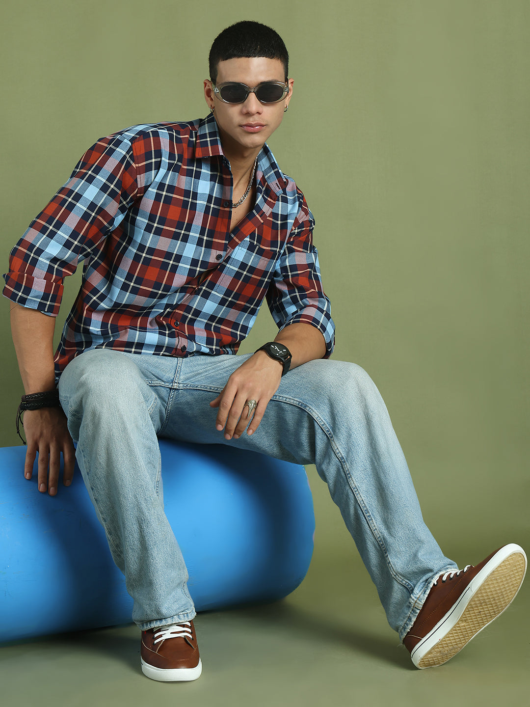 Men's Checks Cotton Casual Shirt ( RDSH 001Blue )