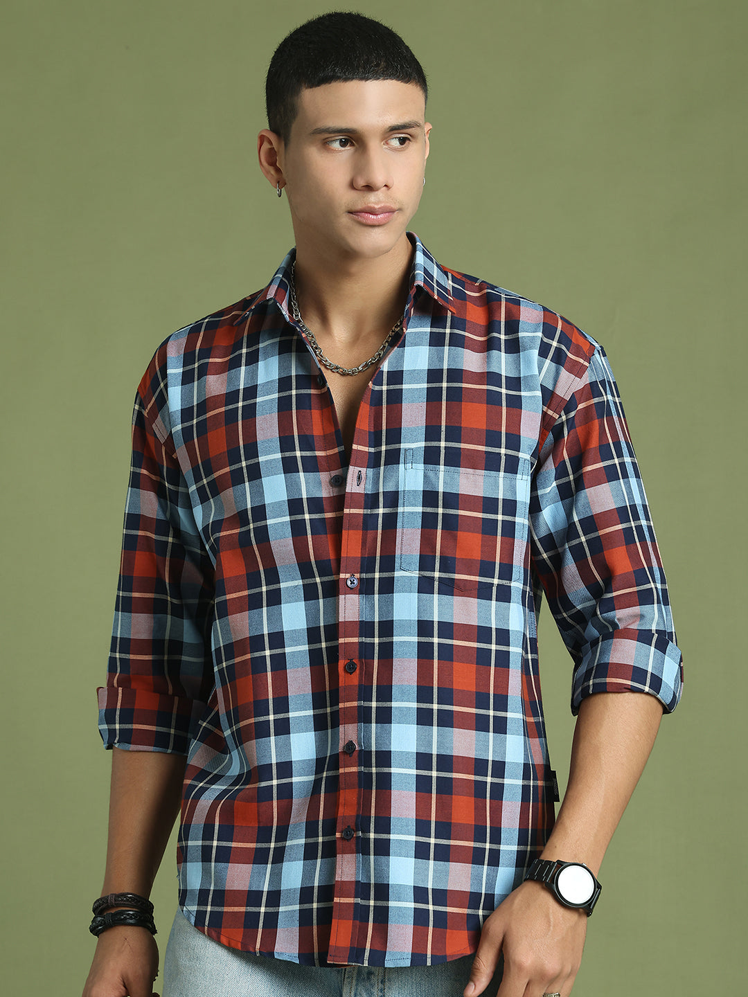 Men's Checks Cotton Casual Shirt ( RDSH 001Blue )