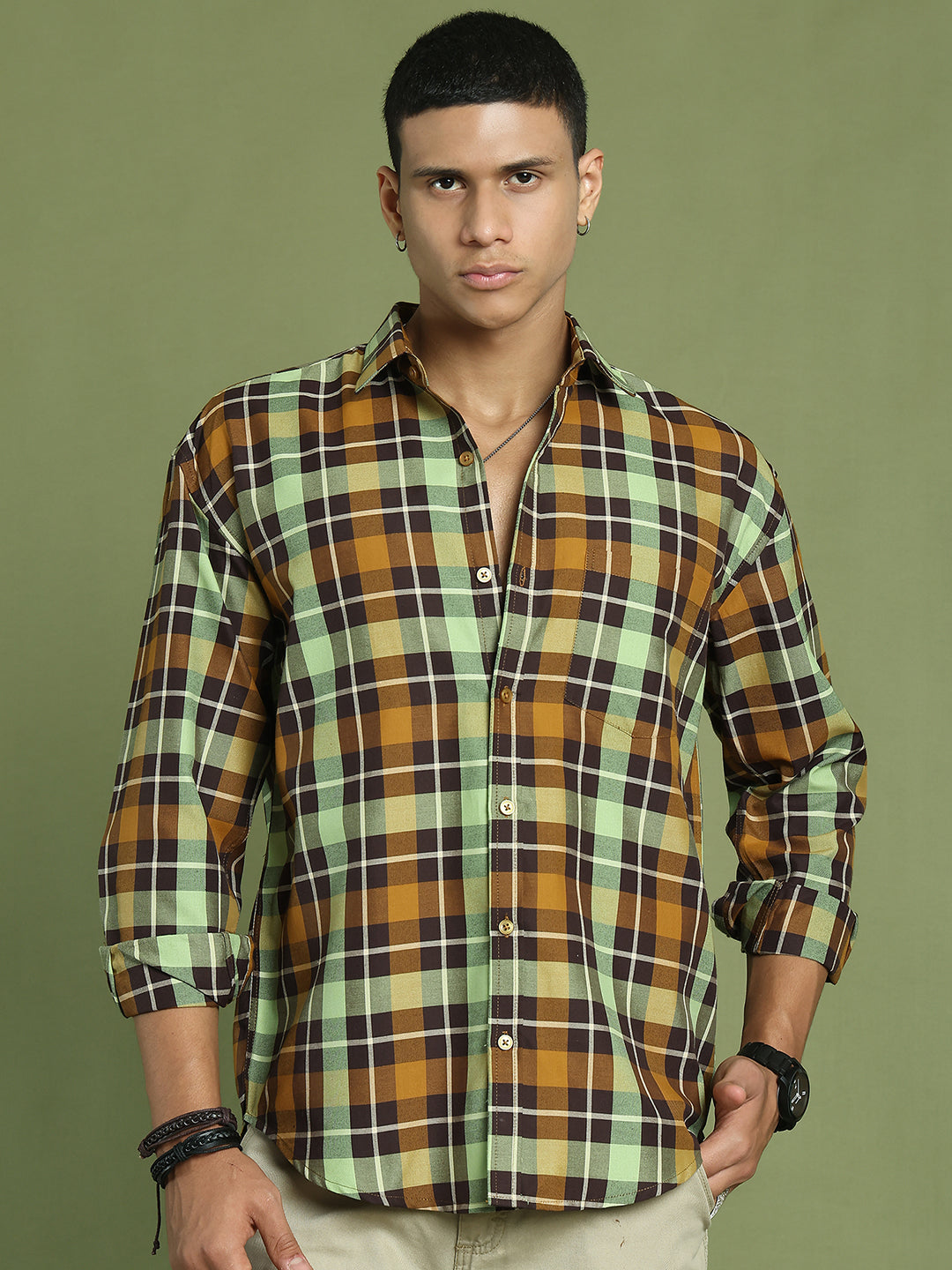 Men's Checks Cotton Casual Shirt ( RDSH 001Mustard )