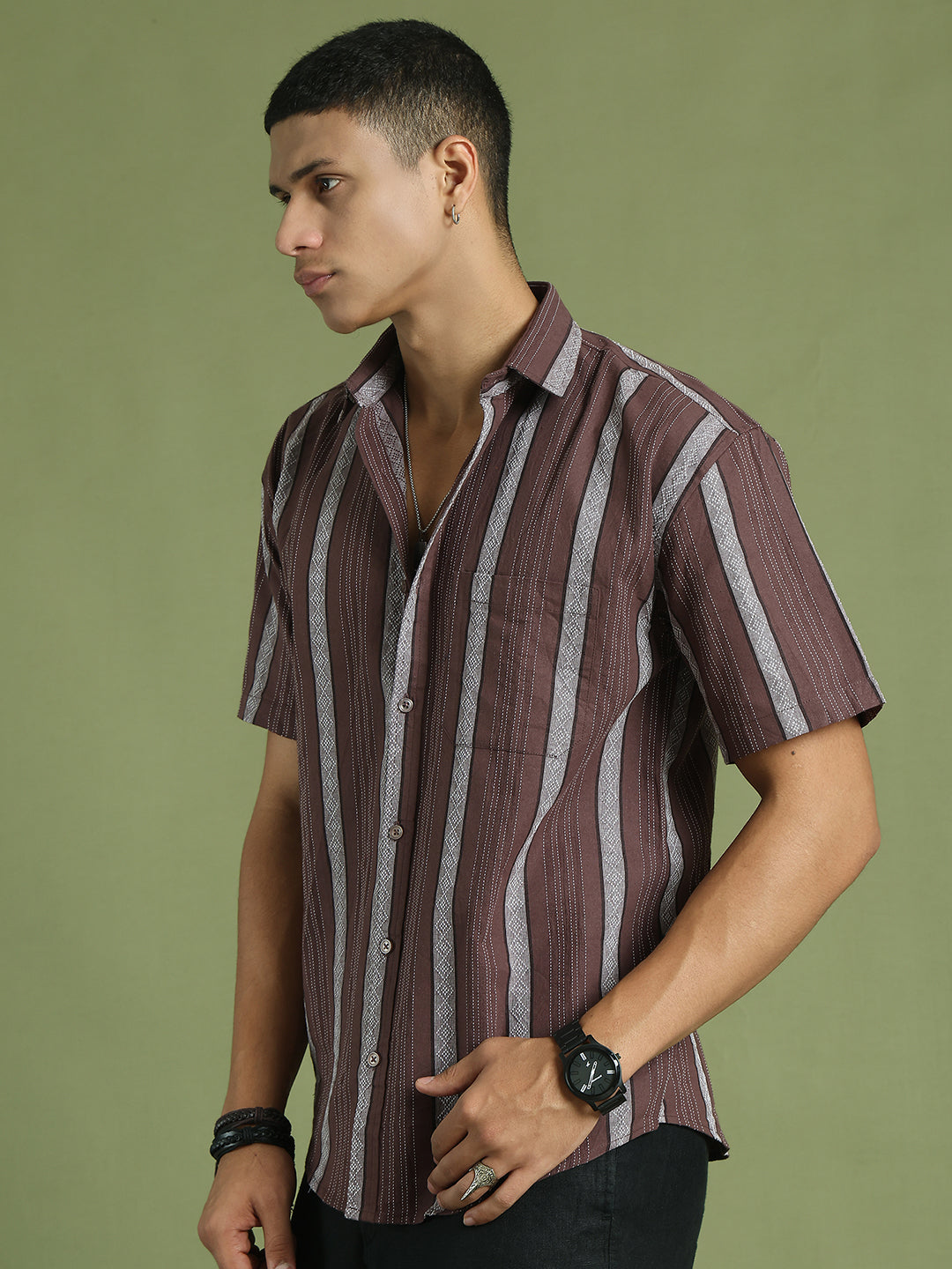 Men's Striped Cotton Casual Shirt ( RDSH 003Brown )