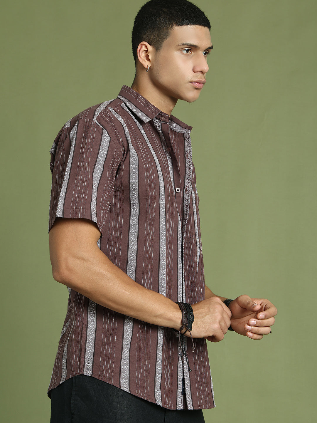 Men's Striped Cotton Casual Shirt ( RDSH 003Brown )