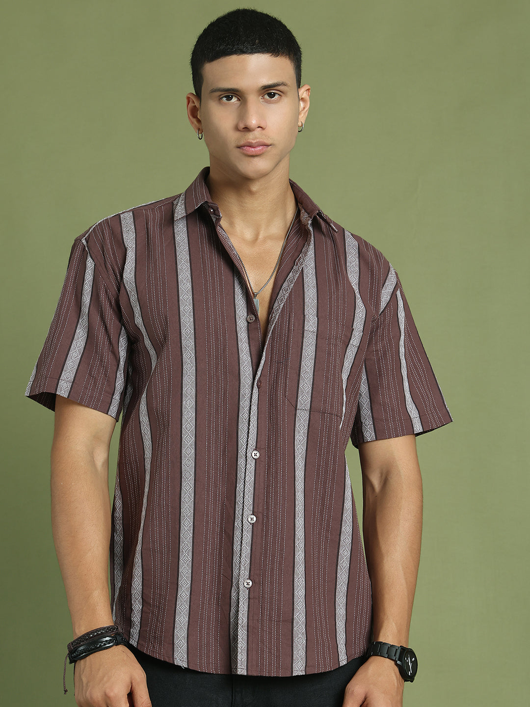 Men's Striped Cotton Casual Shirt ( RDSH 003Brown )