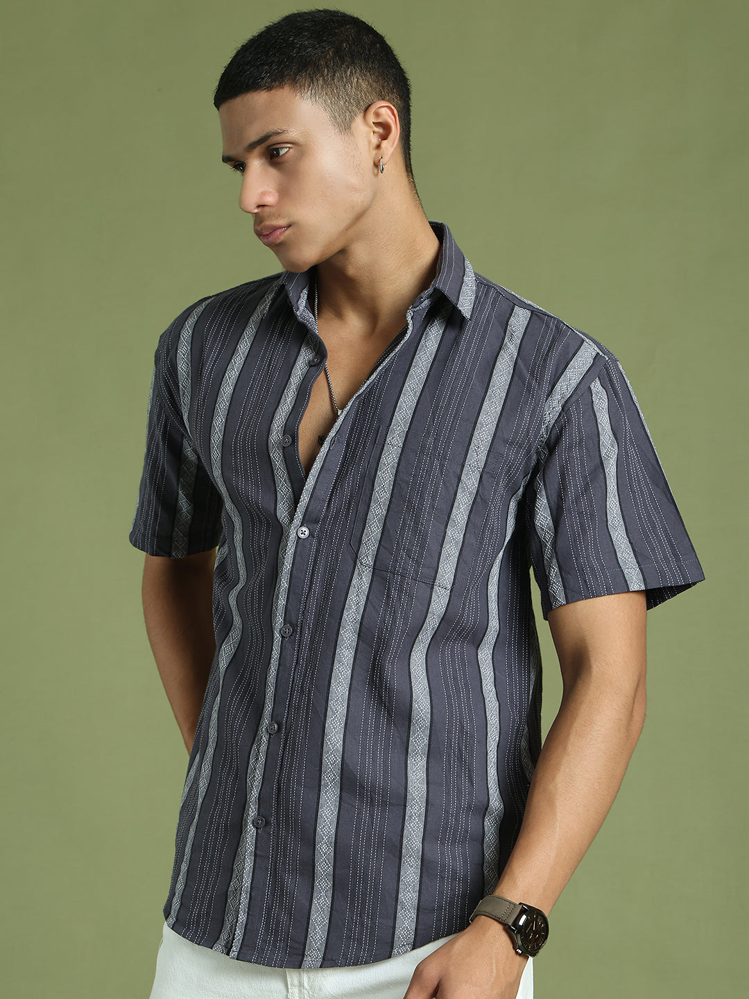 Men's Striped Cotton Casual Shirt ( RDSH 003Grey )
