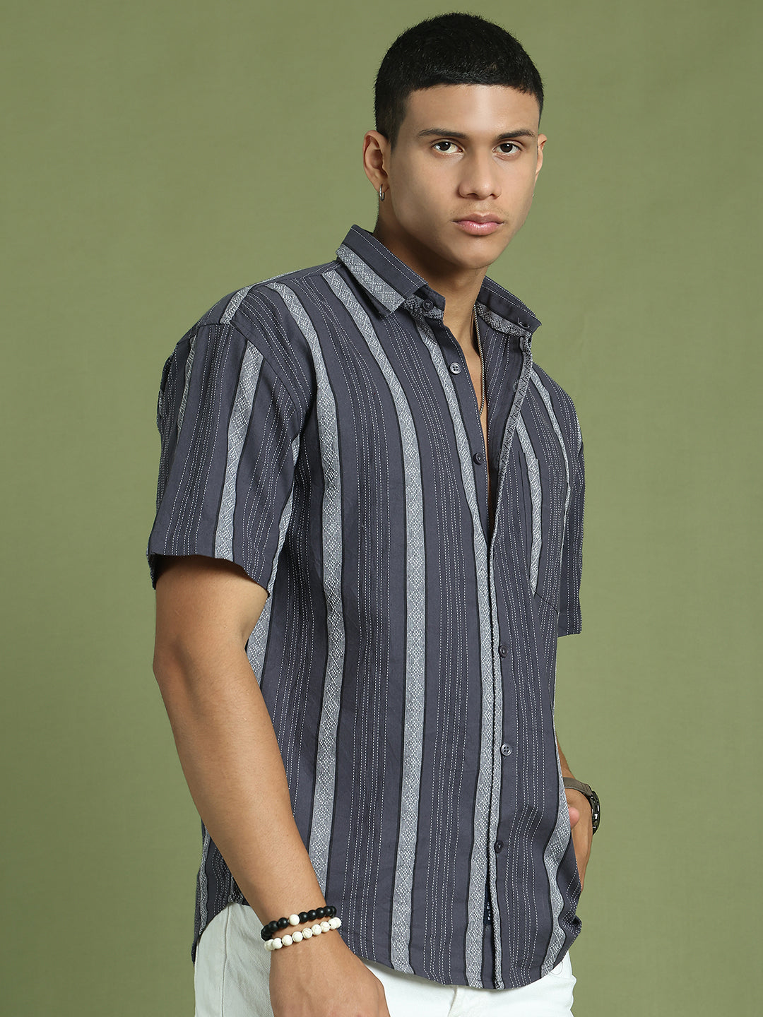 Men's Striped Cotton Casual Shirt ( RDSH 003Grey )