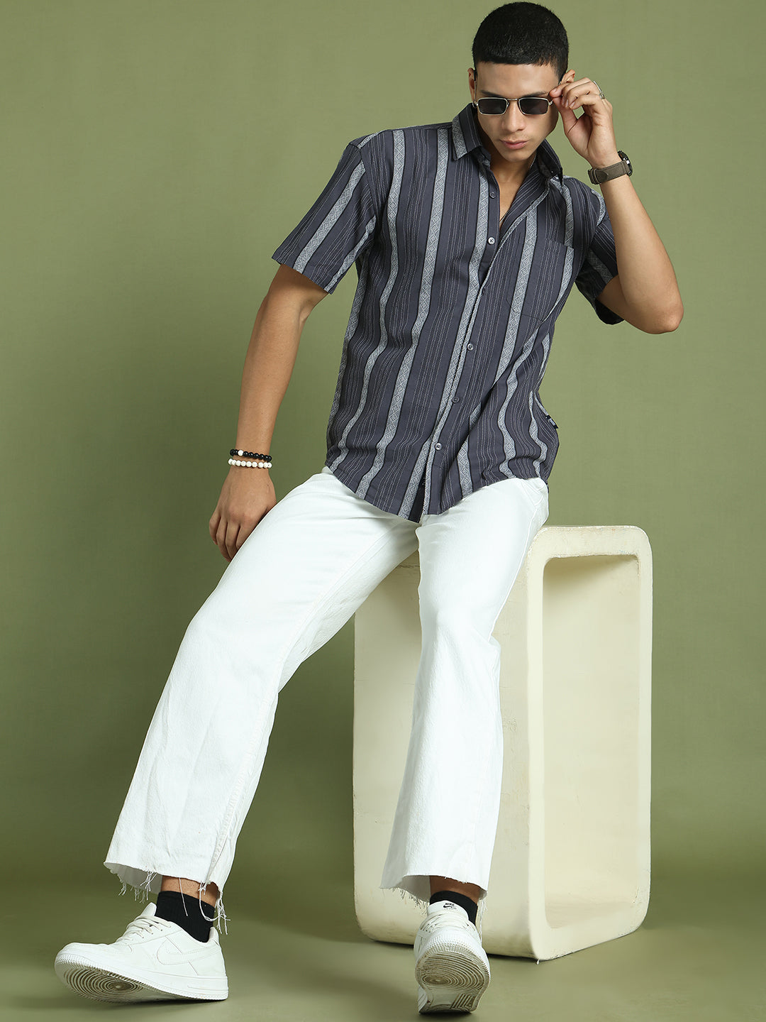 Men's Striped Cotton Casual Shirt ( RDSH 003Grey )