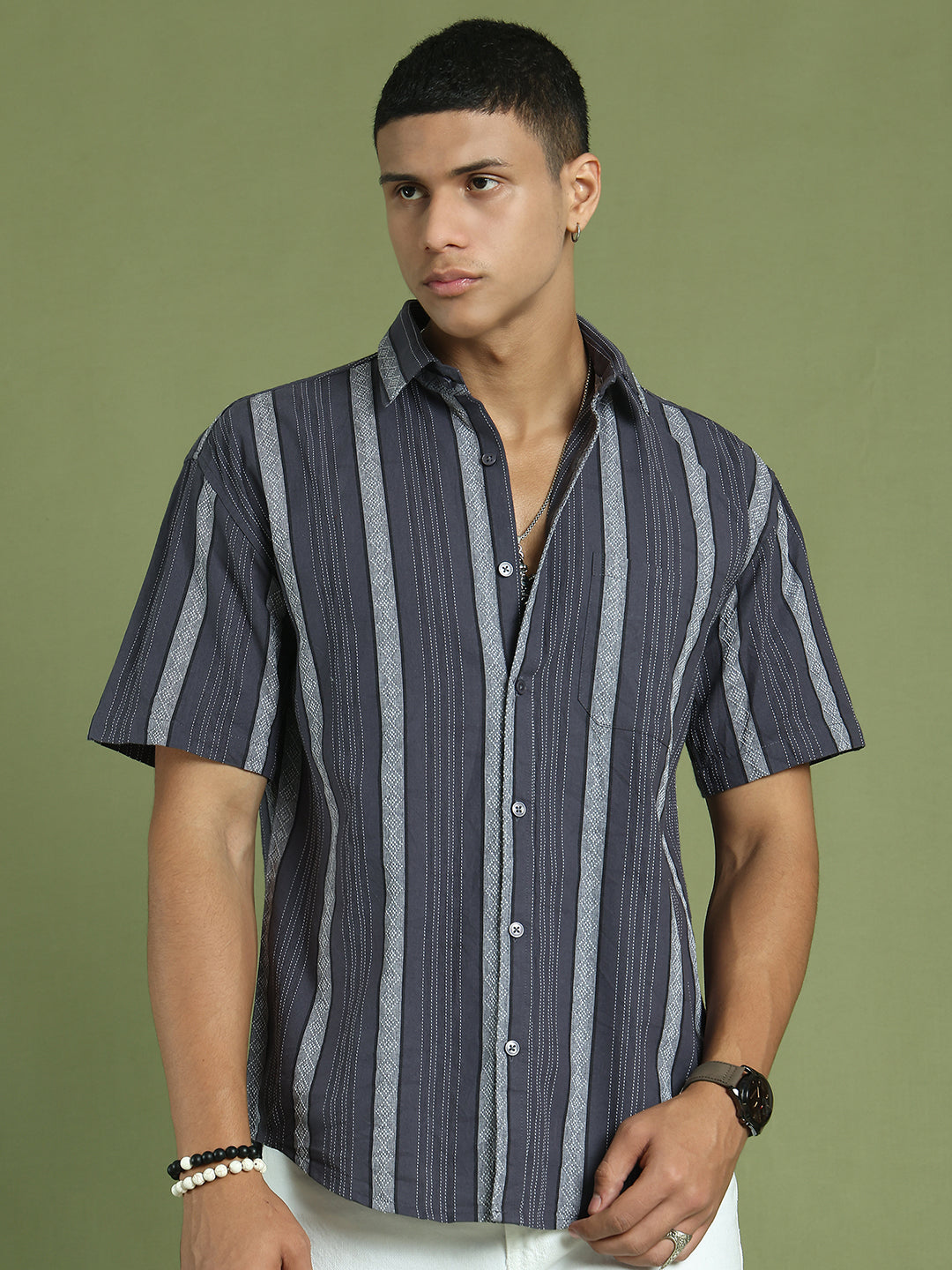 Men's Striped Cotton Casual Shirt ( RDSH 003Grey )