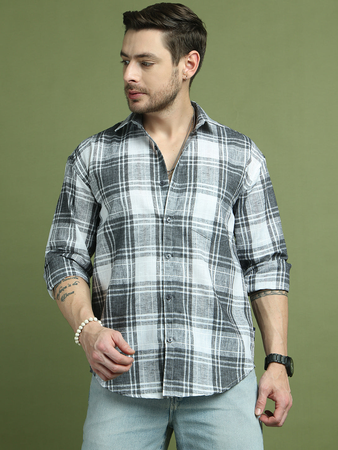 Checked Pure Cotton Casual Shirt for Men ( RDSH 007Grey )