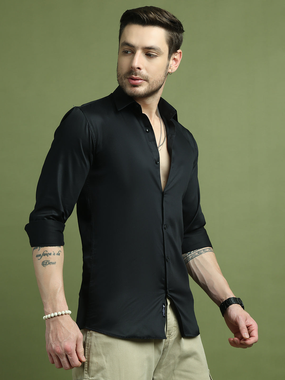 Satin Lycra Solid Casual Shirt for Men ( RDSH 008Black )