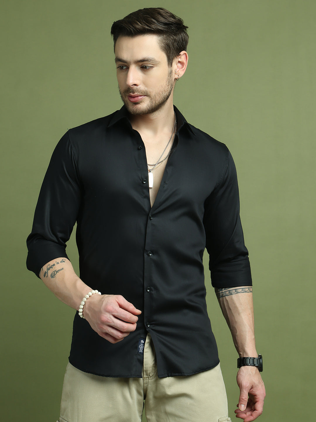 Satin Lycra Solid Casual Shirt for Men ( RDSH 008Black )