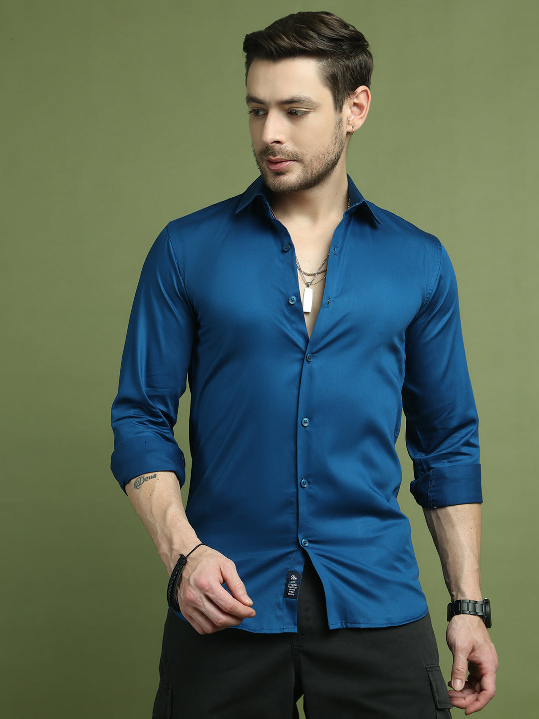 Satin Lycra Solid Casual Shirt for Men ( RDSH 008Peacock )
