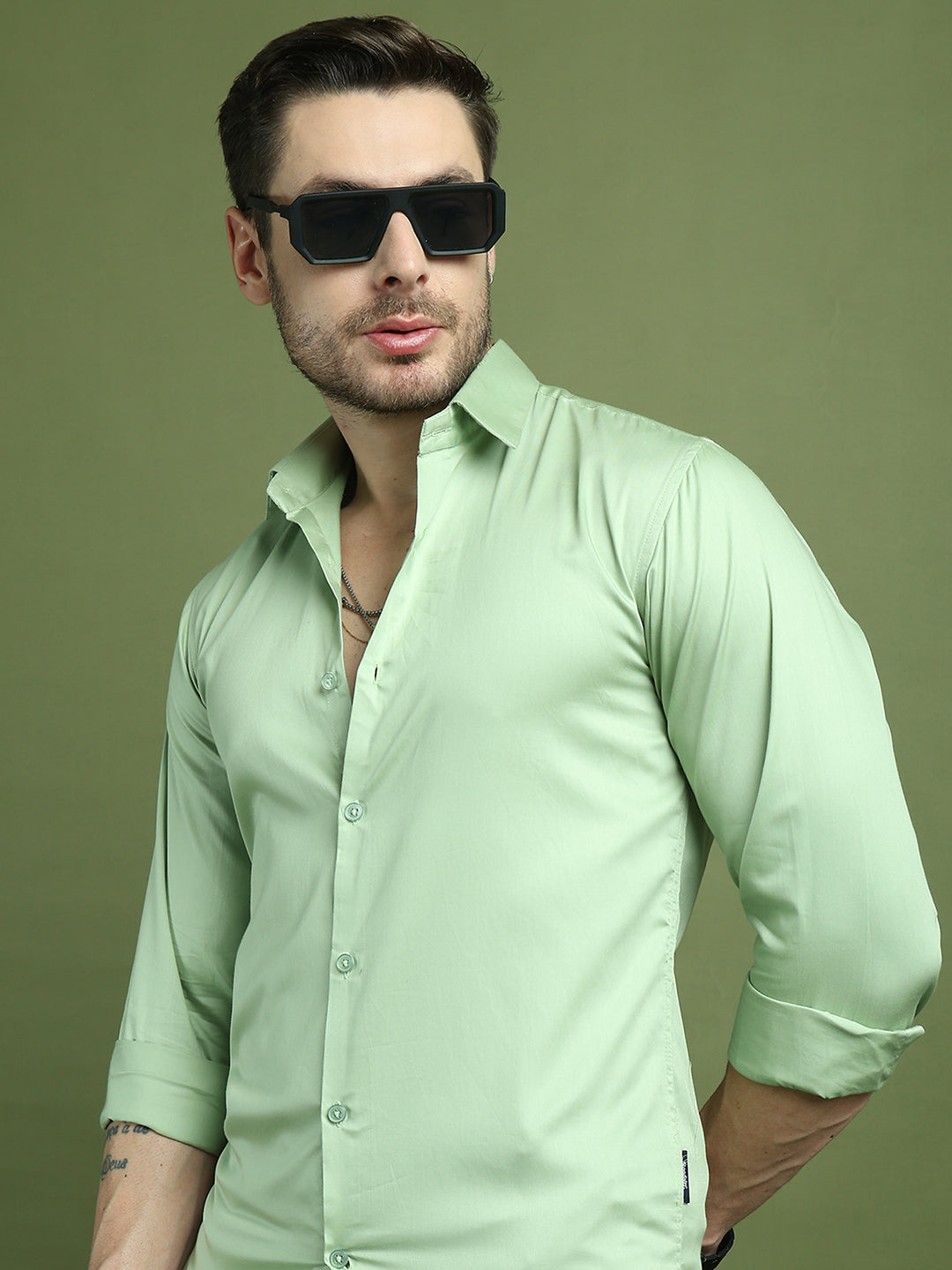 Satin Lycra Solid Casual Shirt for Men ( RDSH 008Pista )