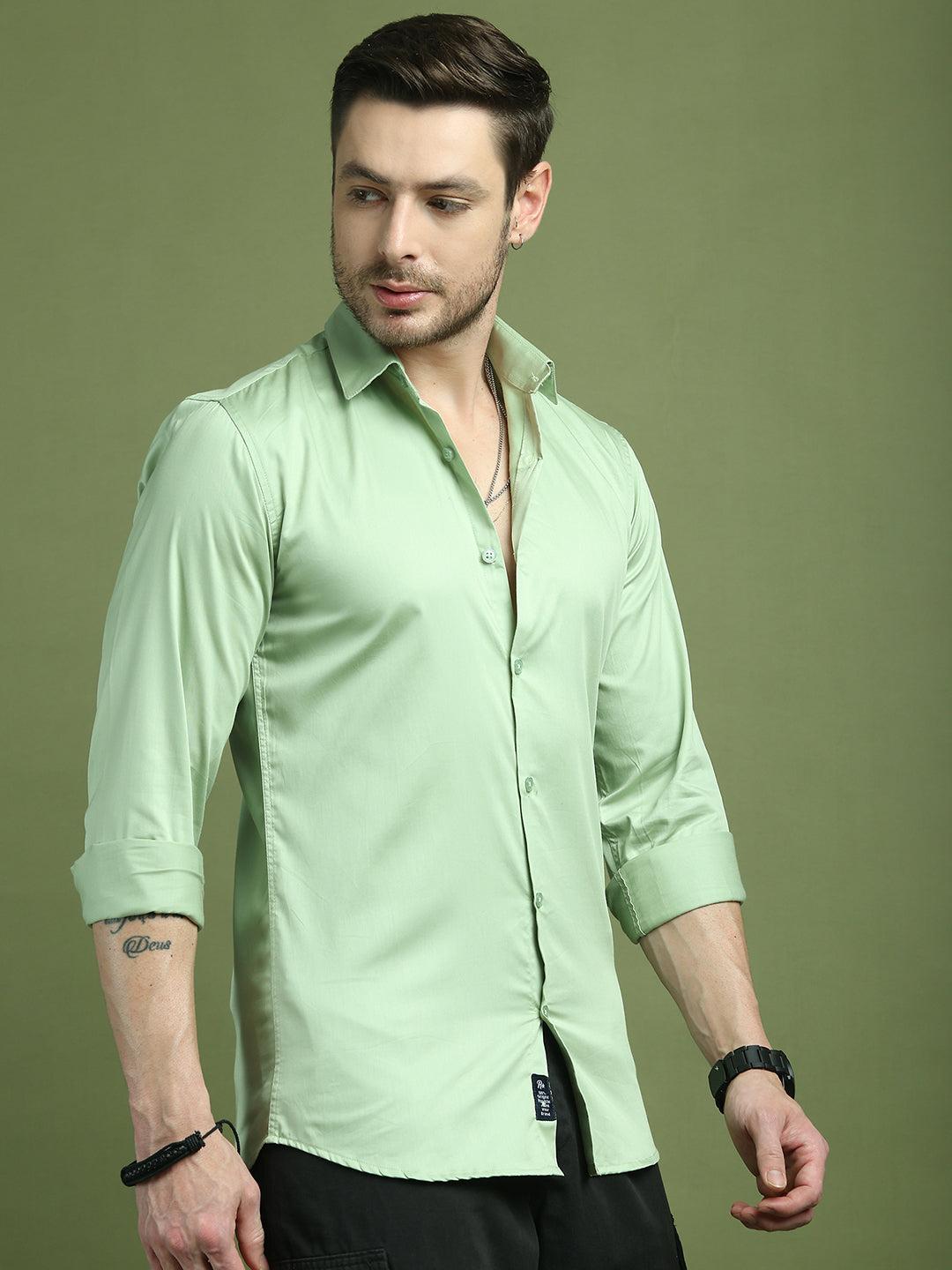 Satin Lycra Solid Casual Shirt for Men ( RDSH 008Pista )