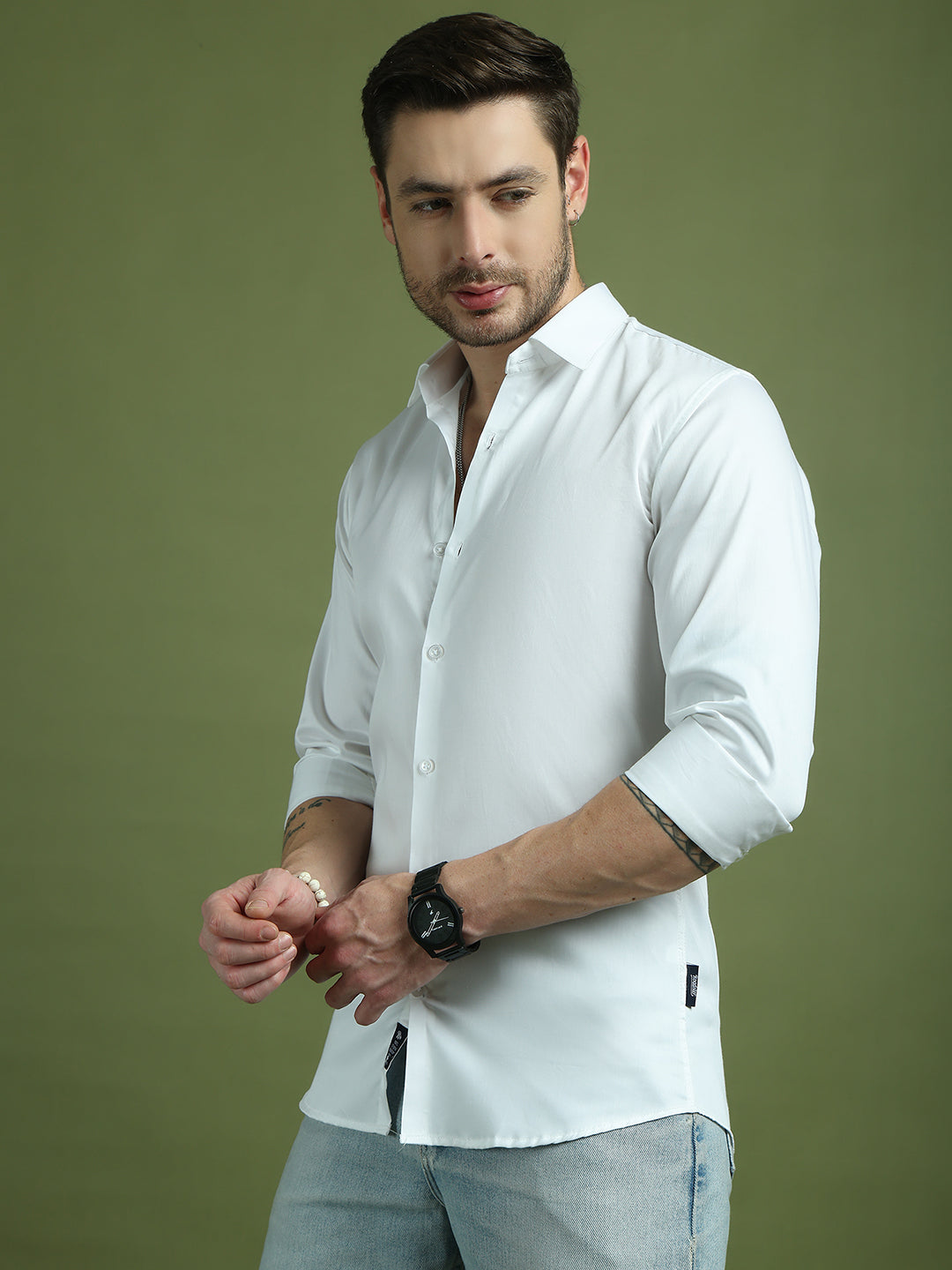 Satin Lycra Solid Casual Shirt for Men ( RDSH 008White )