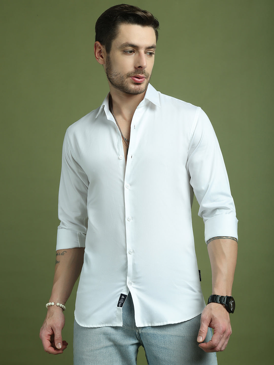 Satin Lycra Solid Casual Shirt for Men ( RDSH 008White )