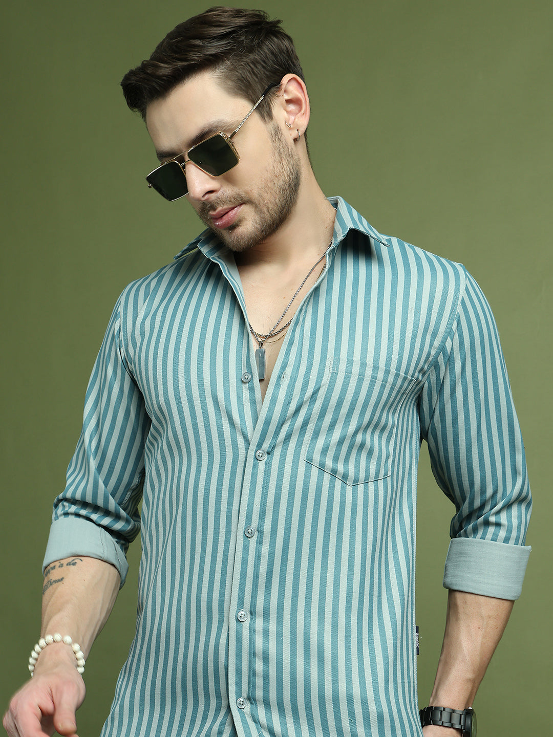 Men's Regular Fit Striped Casual Shirt ( RDSH 009Blue )