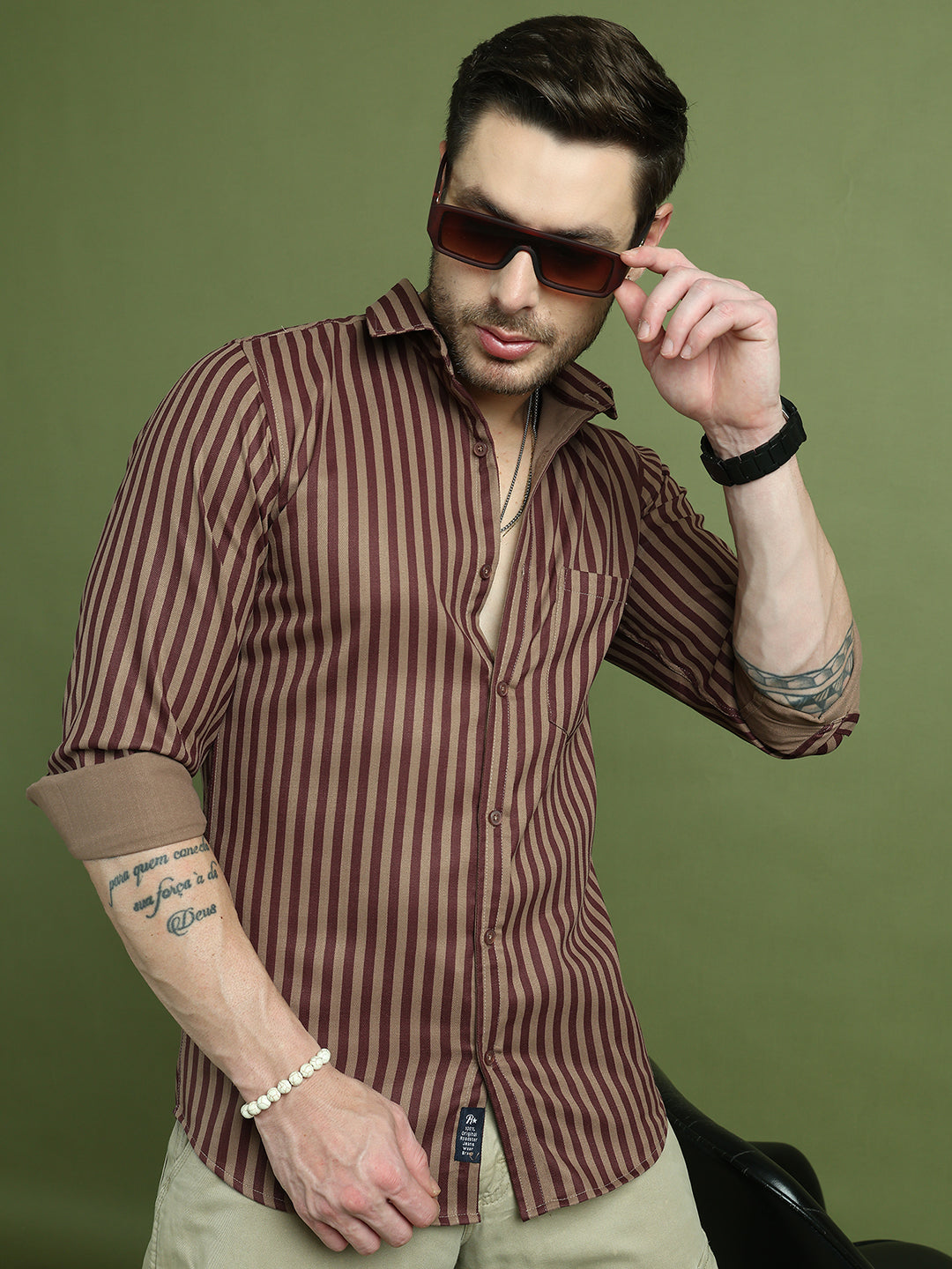 Men's Regular Fit Striped Casual Shirt ( RDSH 009Maroon )