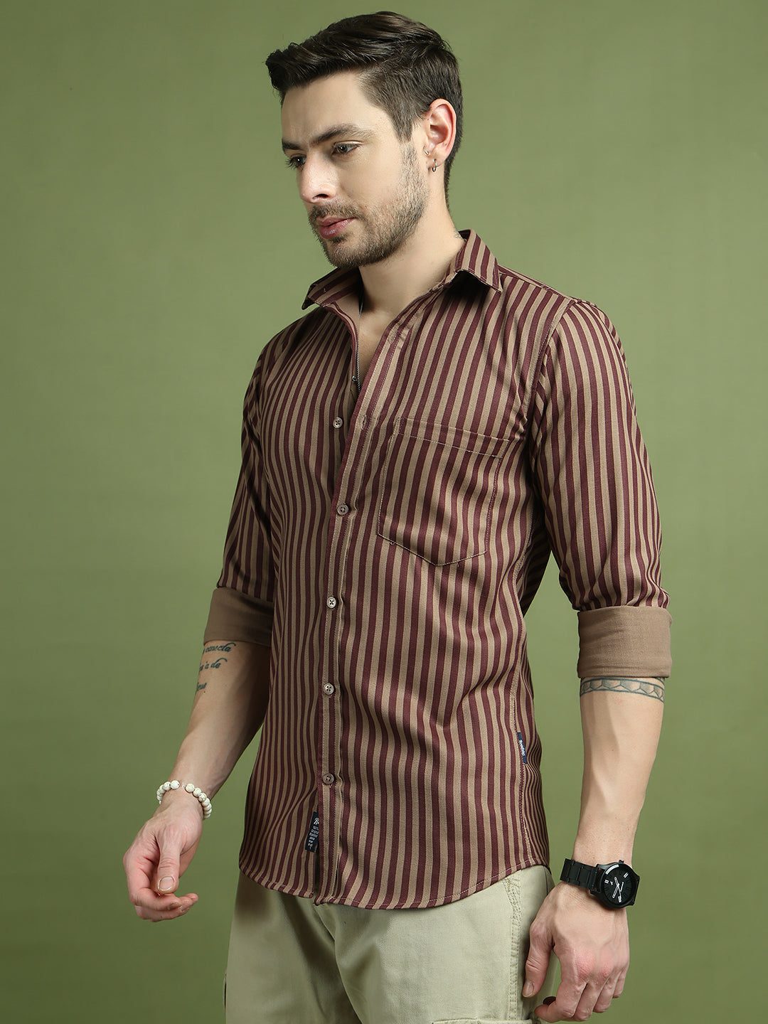 Men's Regular Fit Striped Casual Shirt ( RDSH 009Maroon )