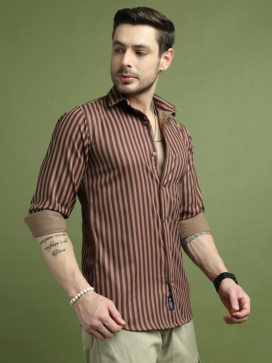Men's Regular Fit Striped Casual Shirt ( RDSH 009Maroon )
