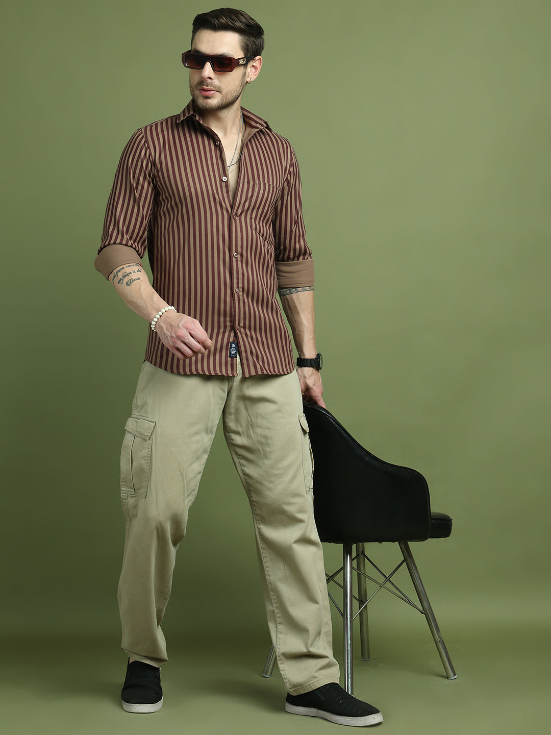 Men's Regular Fit Striped Casual Shirt ( RDSH 009Maroon )