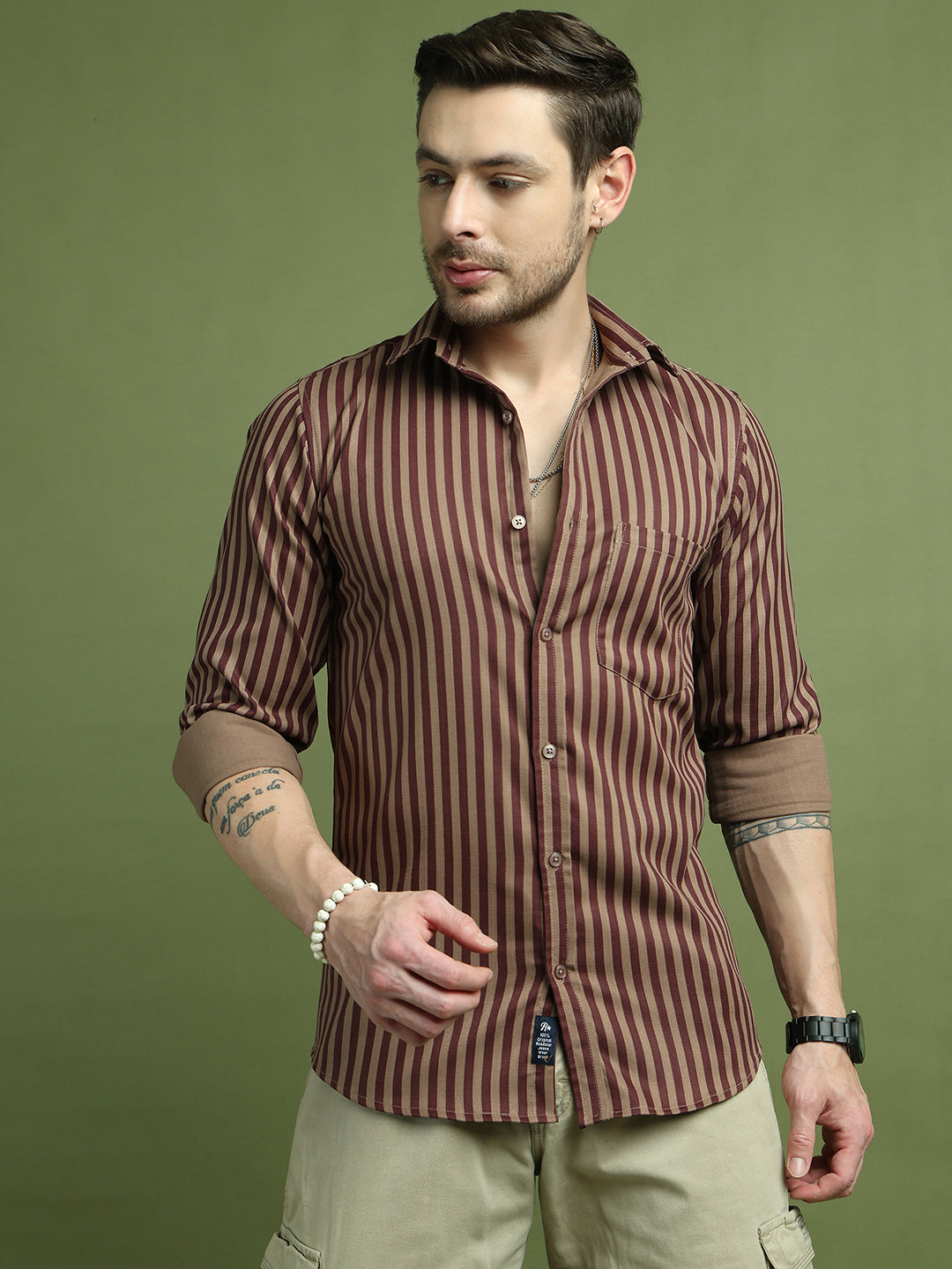 Men's Regular Fit Striped Casual Shirt ( RDSH 009Maroon )