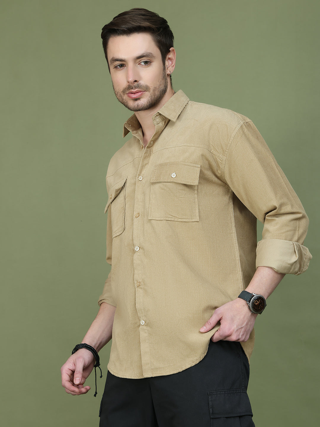Classic Corduroy Shirt with Dual Pockets ( RDSH 014Beige )