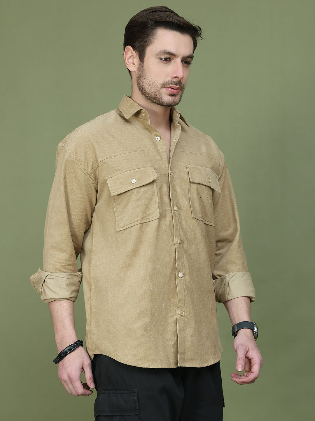 Classic Corduroy Shirt with Dual Pockets ( RDSH 014Beige )