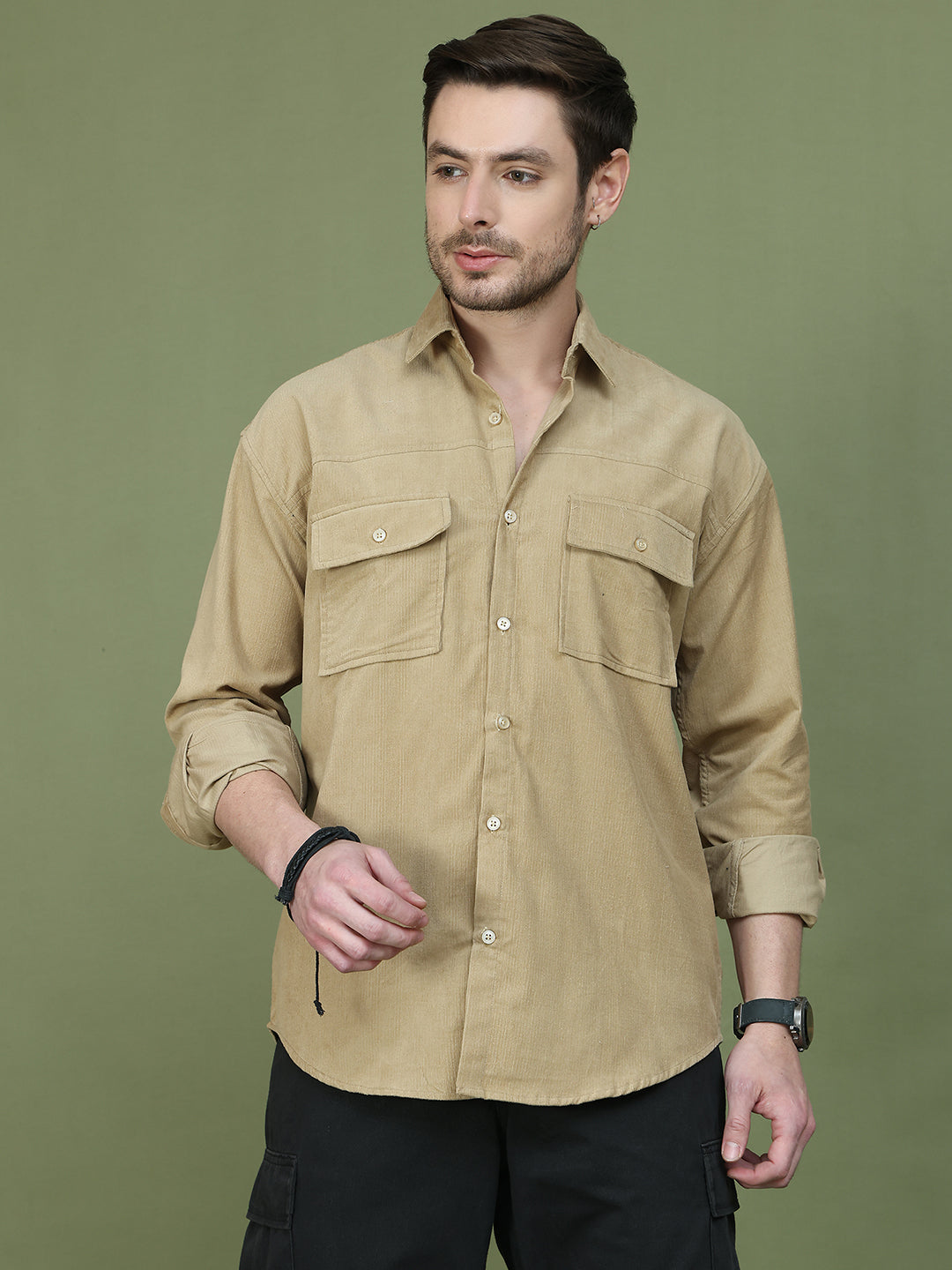 Classic Corduroy Shirt with Dual Pockets ( RDSH 014Beige )