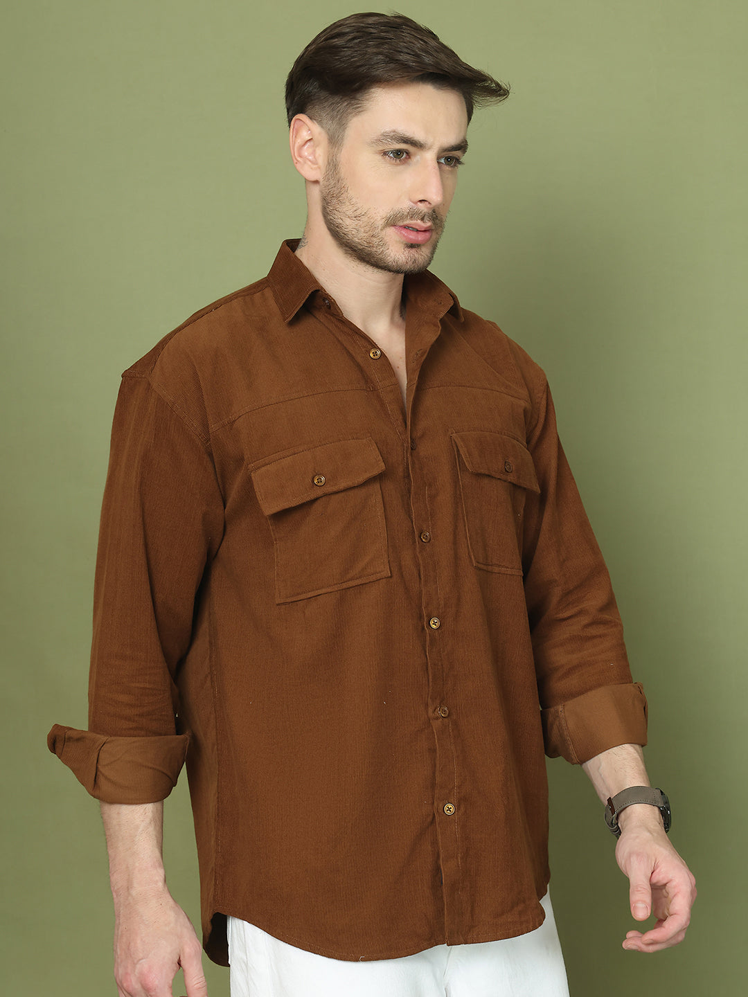 Classic Corduroy Shirt with Dual Pockets ( RDSH 014Brown )