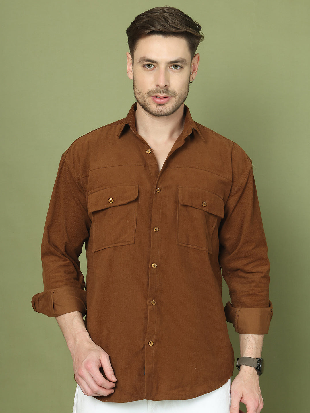 Classic Corduroy Shirt with Dual Pockets ( RDSH 014Brown )