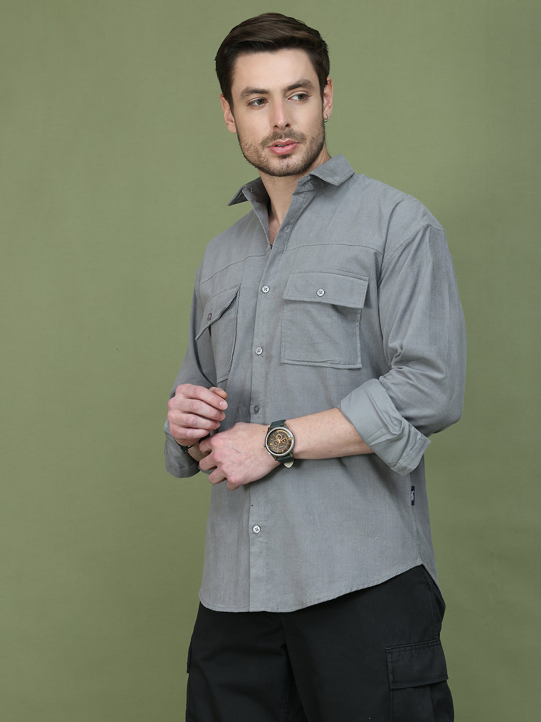 Classic Corduroy Shirt with Dual Pockets ( RDSH 014Light-Grey )