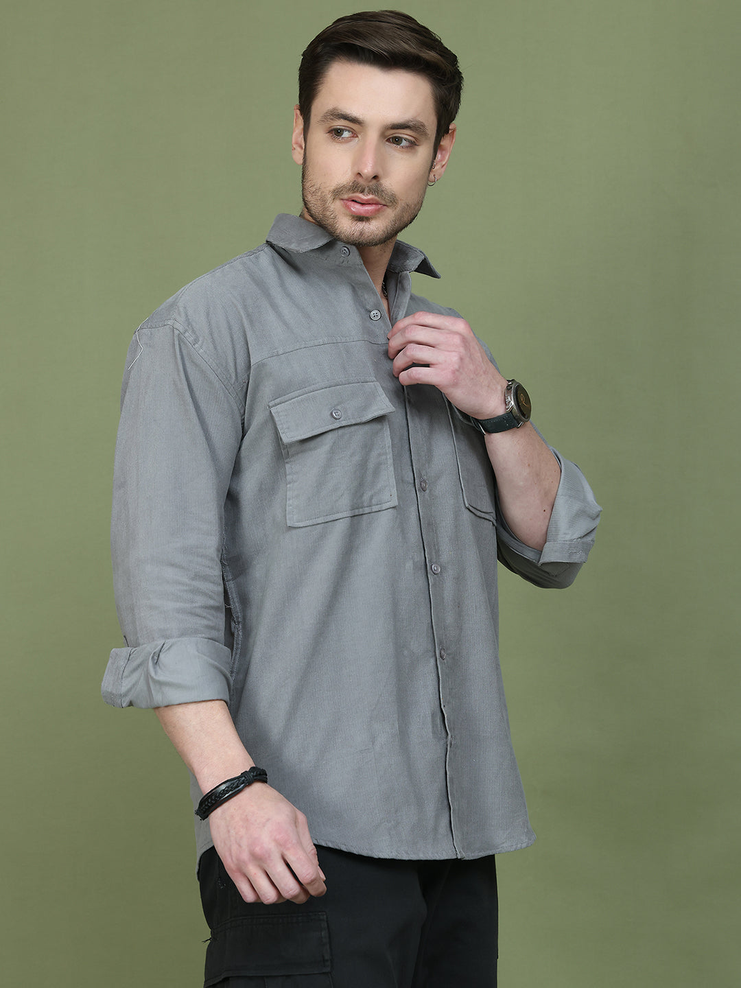 Classic Corduroy Shirt with Dual Pockets ( RDSH 014Light-Grey )