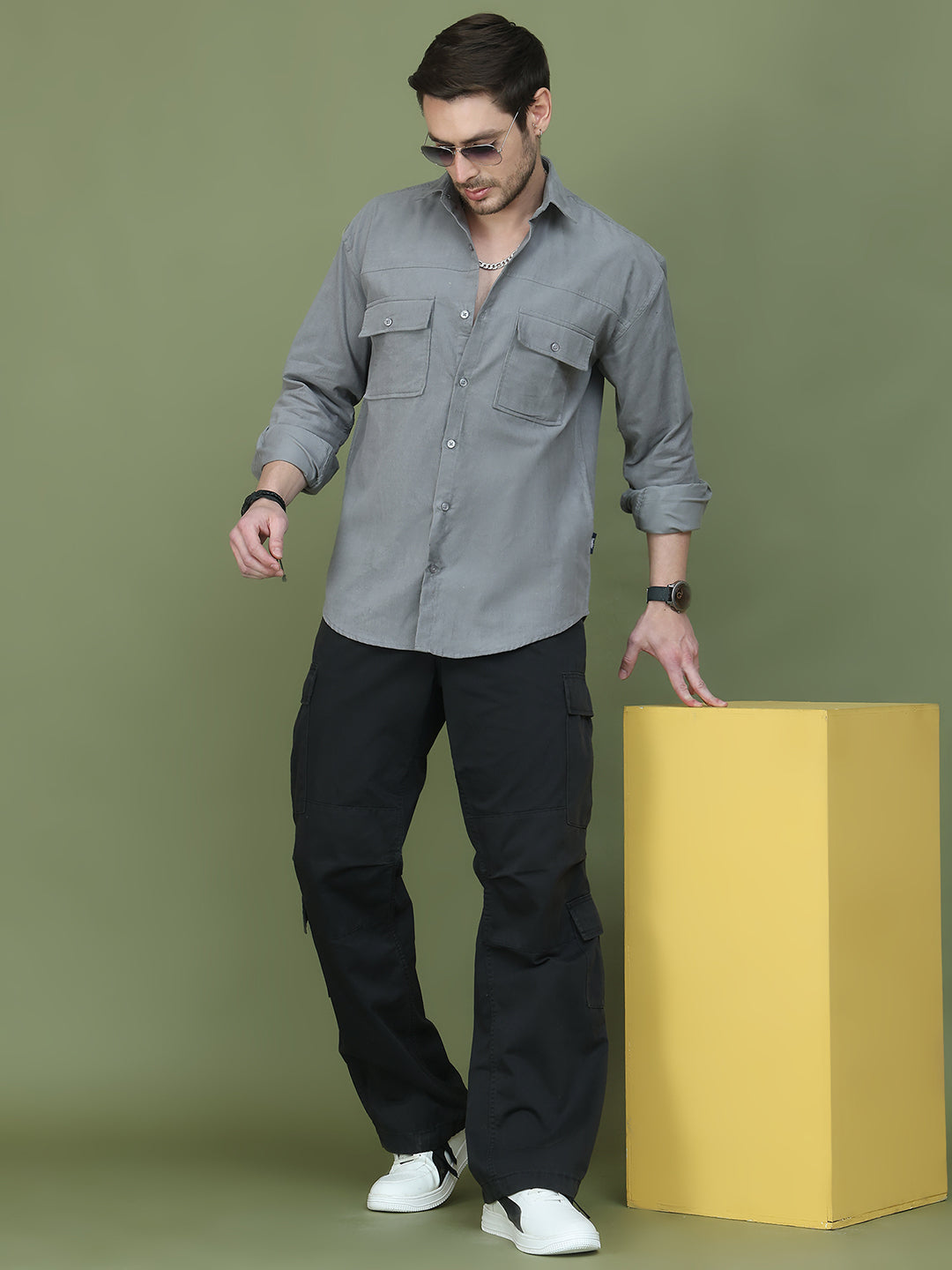 Classic Corduroy Shirt with Dual Pockets ( RDSH 014Light-Grey )