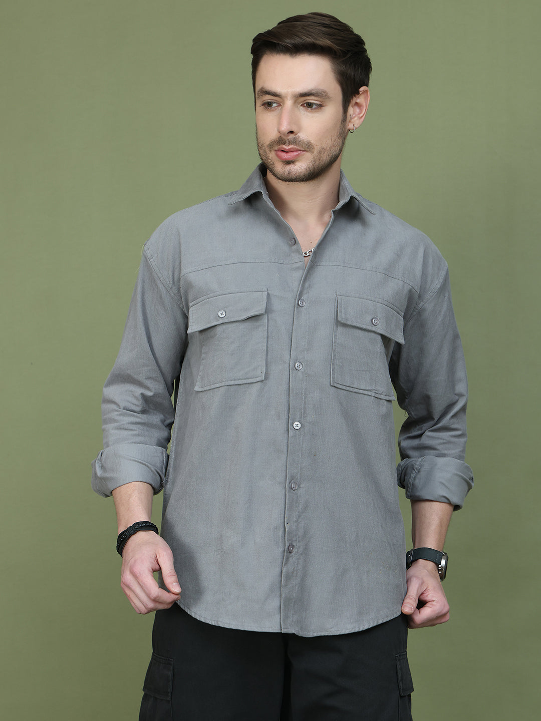 Classic Corduroy Shirt with Dual Pockets ( RDSH 014Light-Grey )