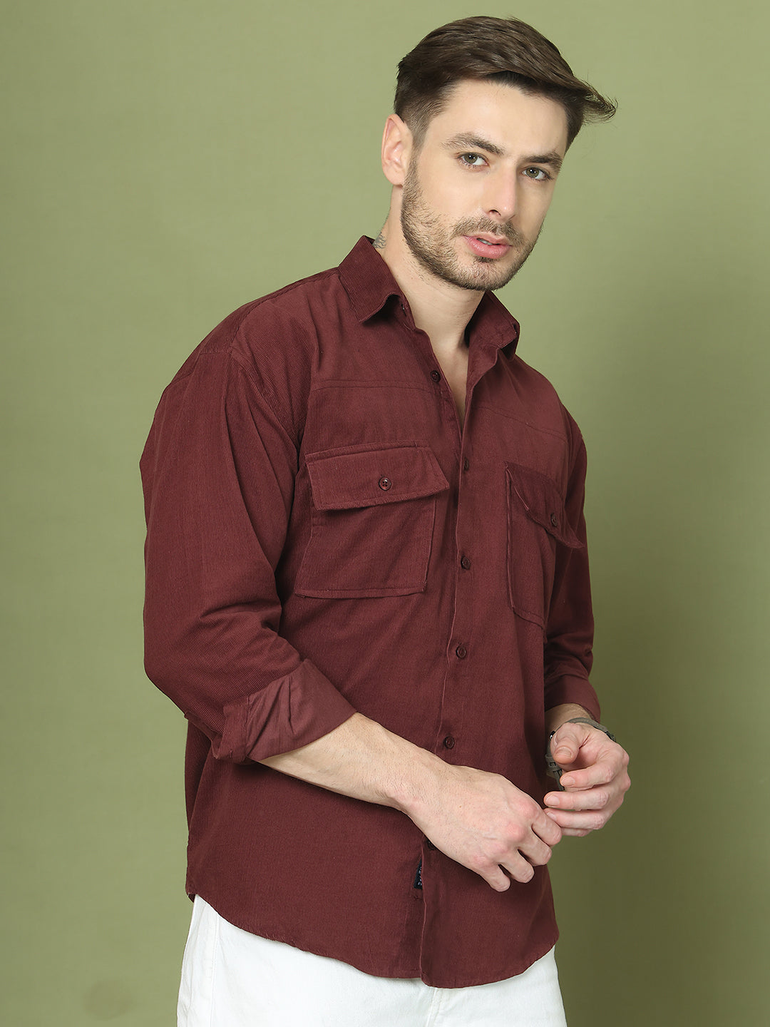 Classic Corduroy Shirt with Dual Pockets ( RDSH 014Maroon )