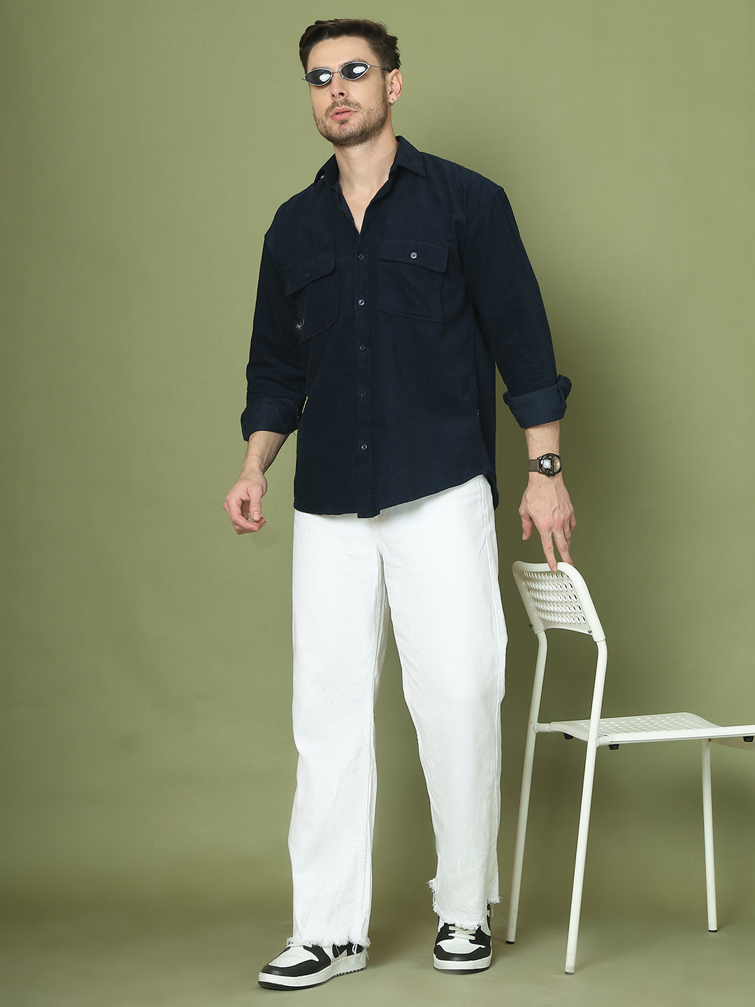 Classic Corduroy Shirt with Dual Pockets ( RDSH 014Navy )