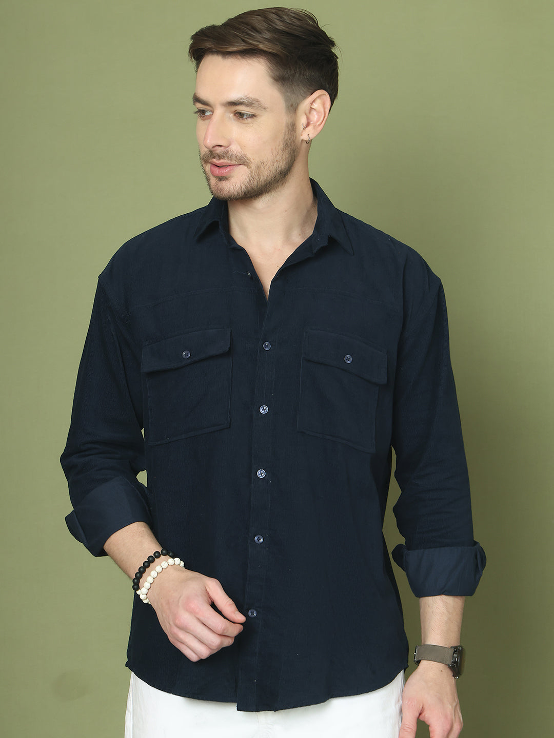 Classic Corduroy Shirt with Dual Pockets ( RDSH 014Navy )