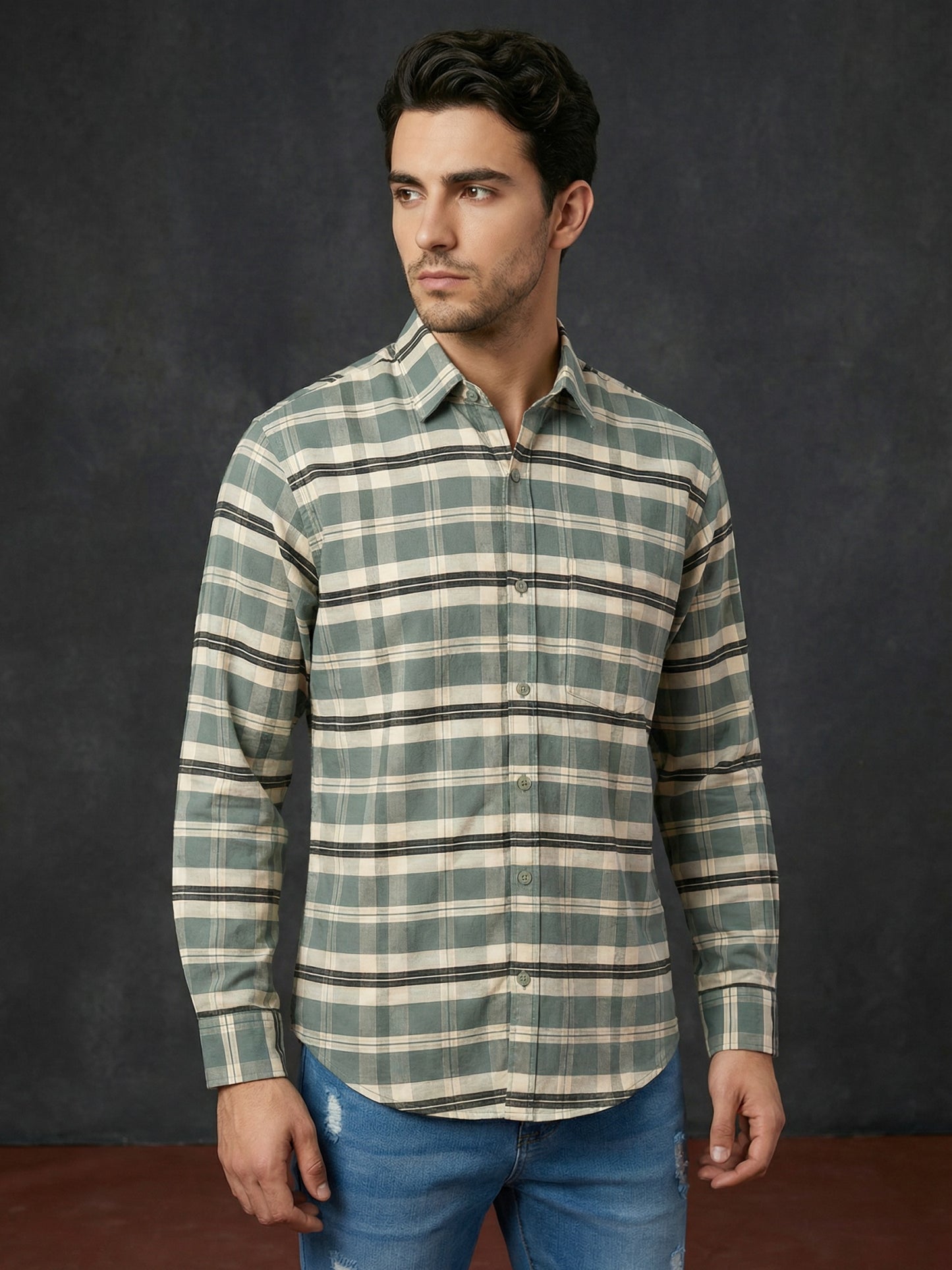 Classic Textured Pure Cotton Casual Shirt ( RDSH 016Green )