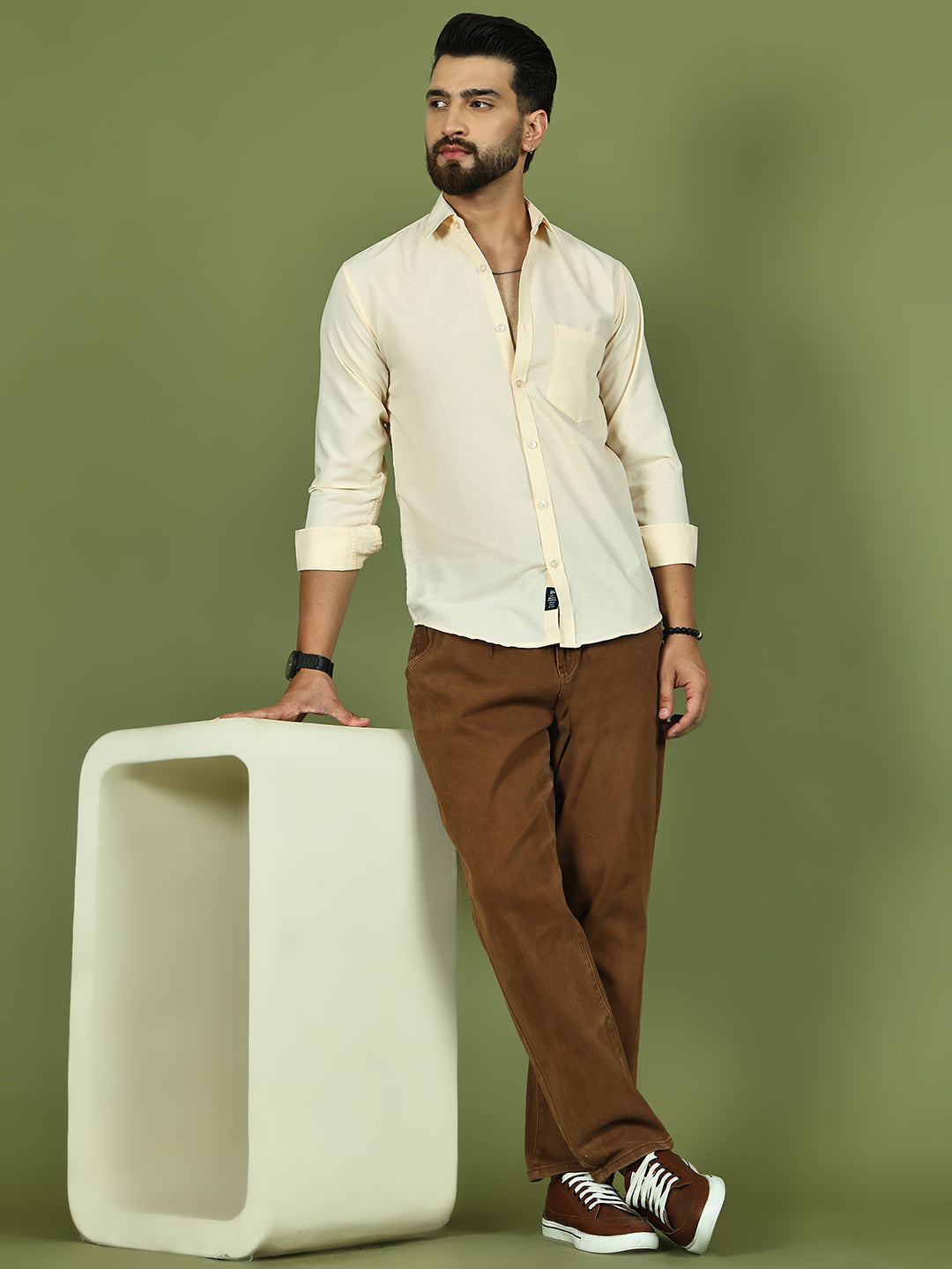 Men's Casual Cotton Blend Shirt ( RDSH 019Cream )
