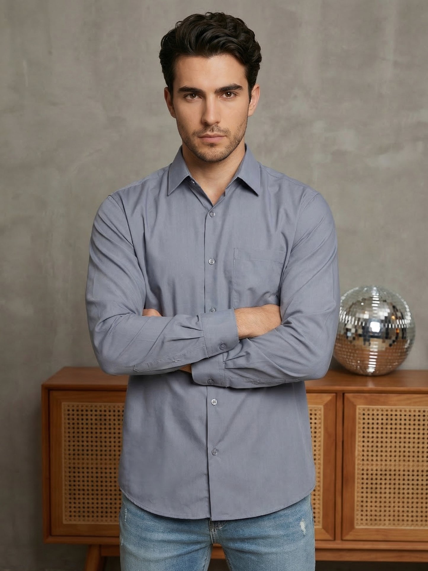 Men's Casual Cotton Blend Shirt ( RDSH 019Light-Grey )