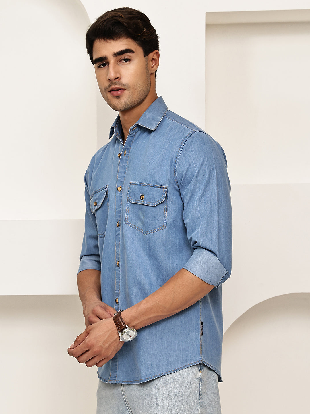 Faded Cotton Denim Casual Shirt ( RDSH 023Light-Blue )