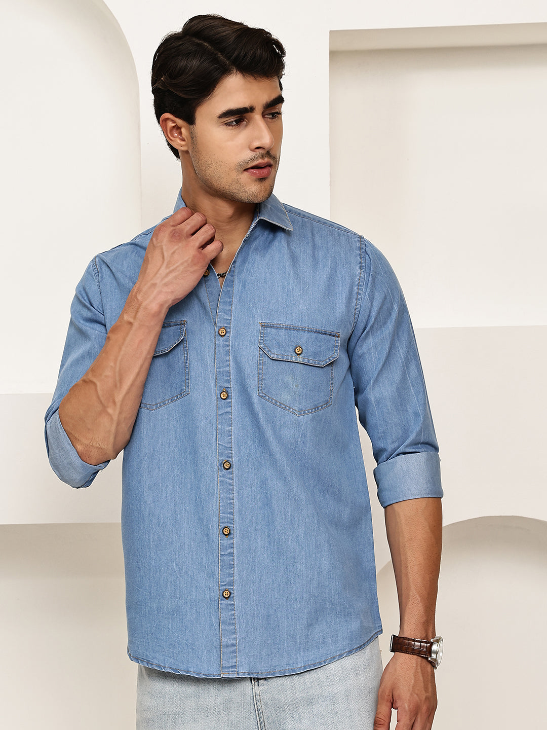 Faded Cotton Denim Casual Shirt ( RDSH 023Light-Blue )