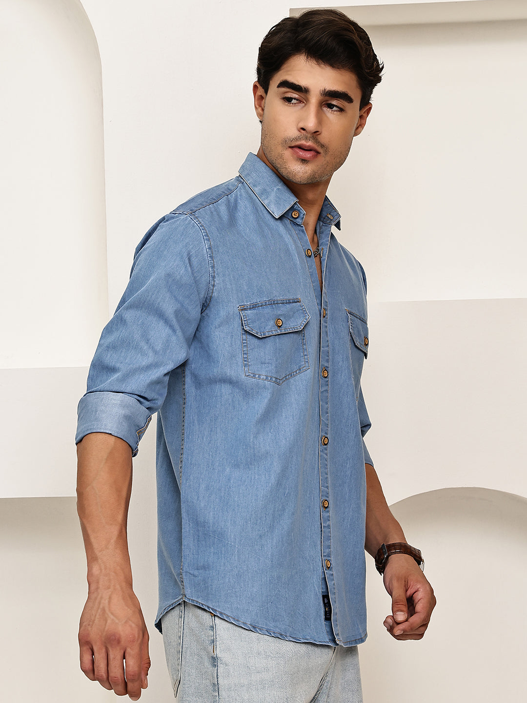 Faded Cotton Denim Casual Shirt ( RDSH 023Light-Blue )